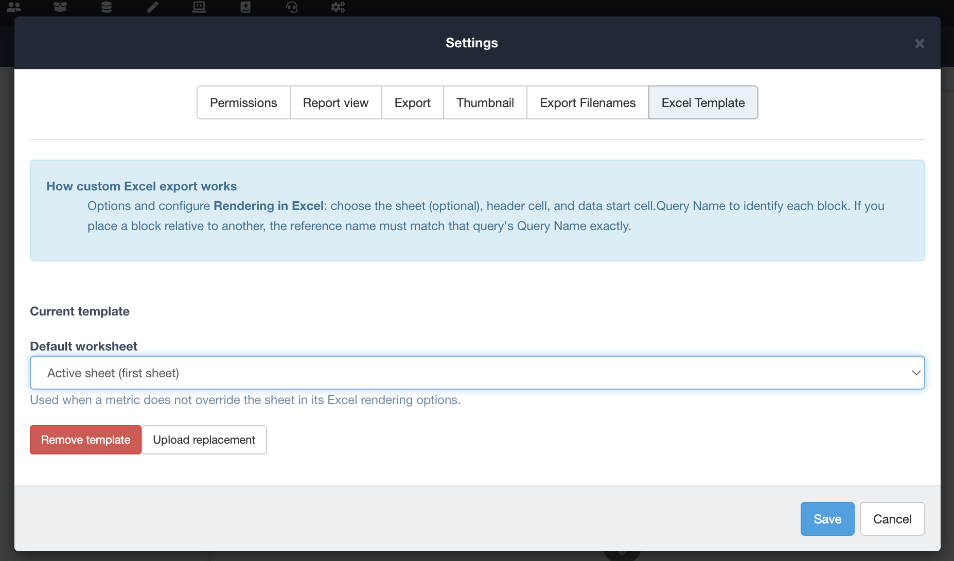 The Excel Template tab in a report's Settings, with a template uploaded and a default worksheet selected