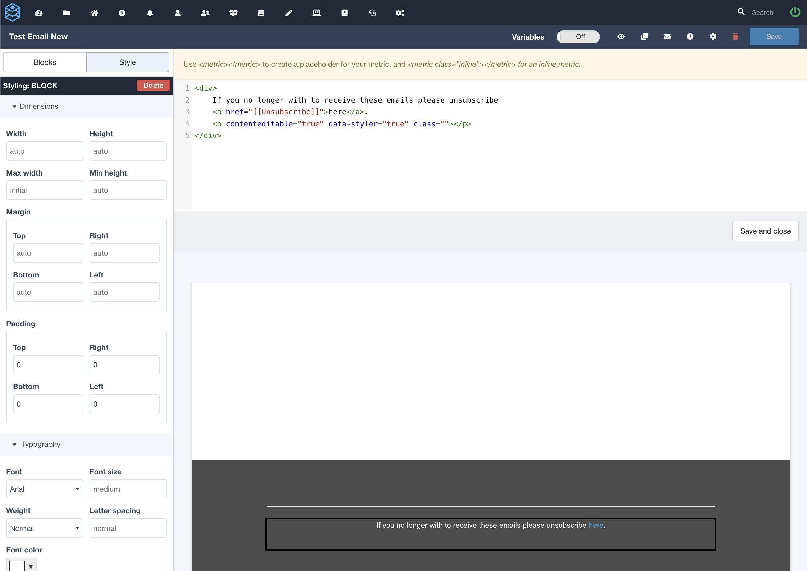 The email report editor, with an unsubscribe link added to a footer block and shown in the preview