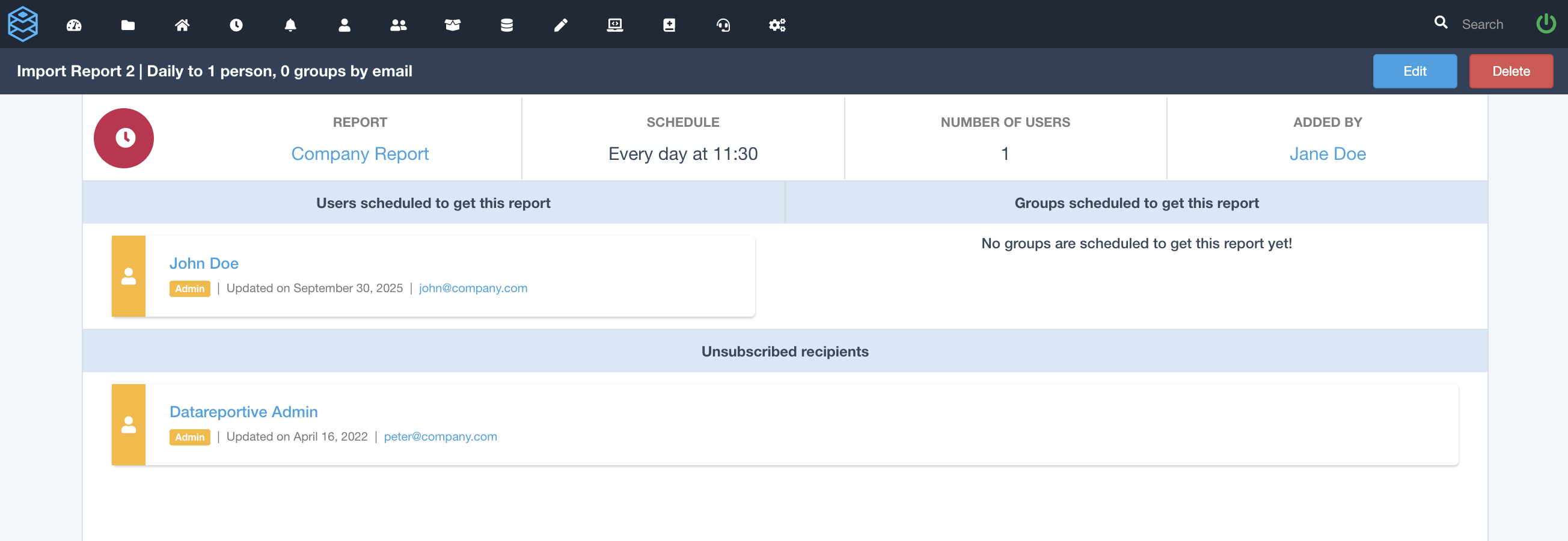 The Unsubscribed recipients panel on the schedule page, listing who has opted out